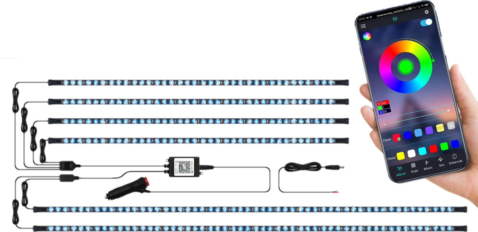 LED strip lights with a smartphone displaying a color wheel app.