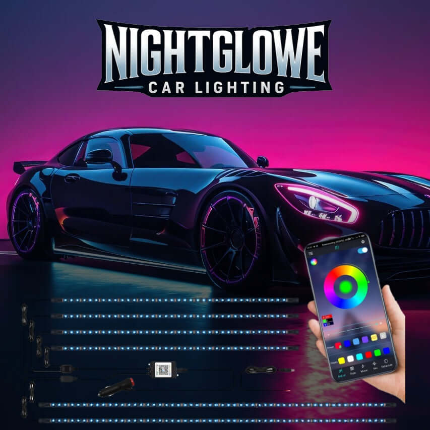 Dynamic RGB car underglow kit with app control and music sync features.