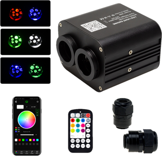 Nightglowe Starlight Kit controller with RGB LED lights, remote, smartphone app, and connectors for customizable car lighting.