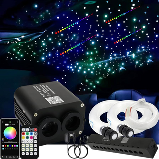 Starlight Kit with 800 fibre strands, RGB remote control, and footwell lighting for customizable ambient car decor.