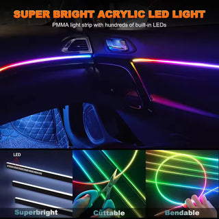 Super bright acrylic LED light strip with customizable, cuttable design and vibrant illumination for car interiors.