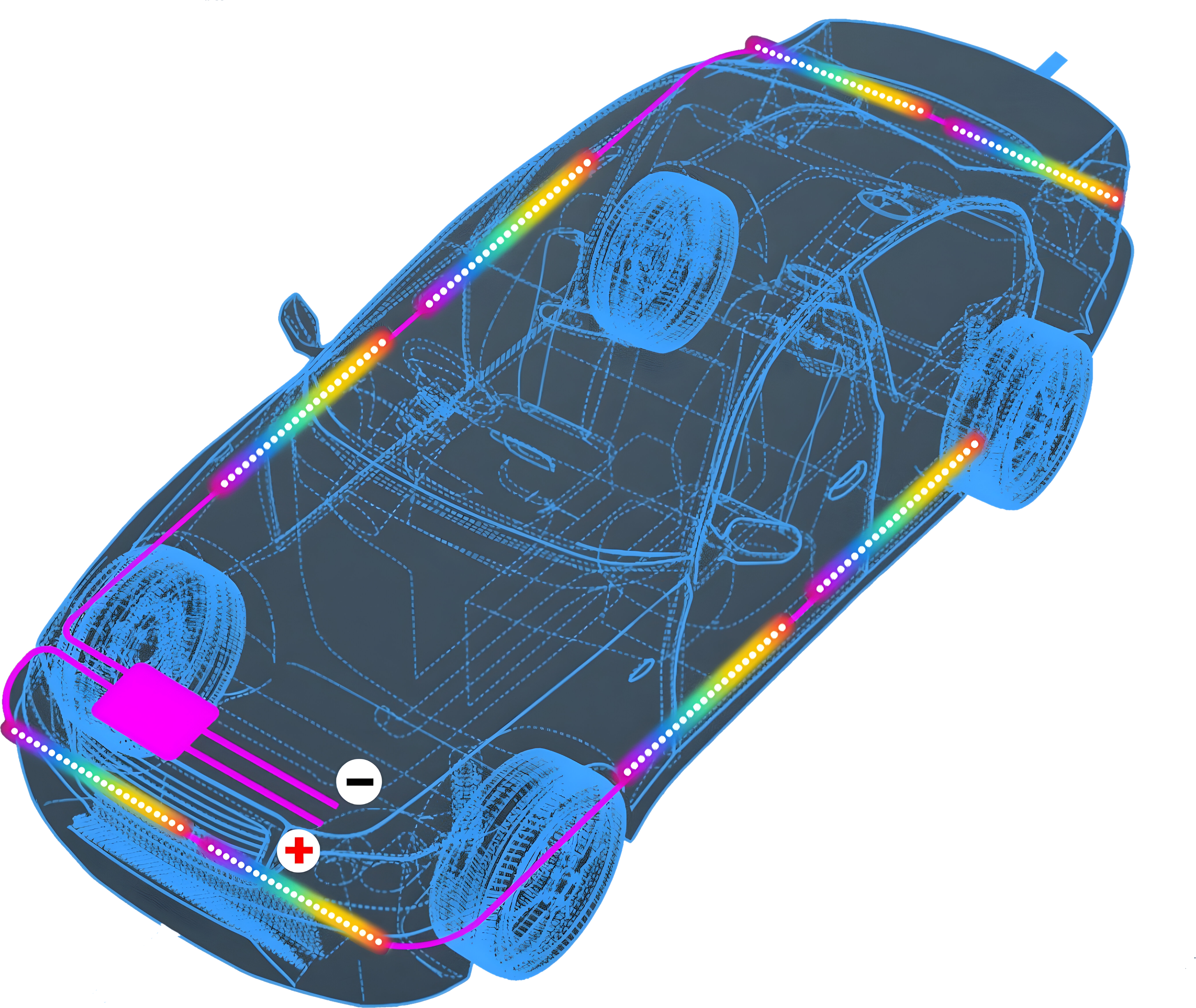 Car diagram with colorful electrical connections for Under body lights/Underglow  on a white background